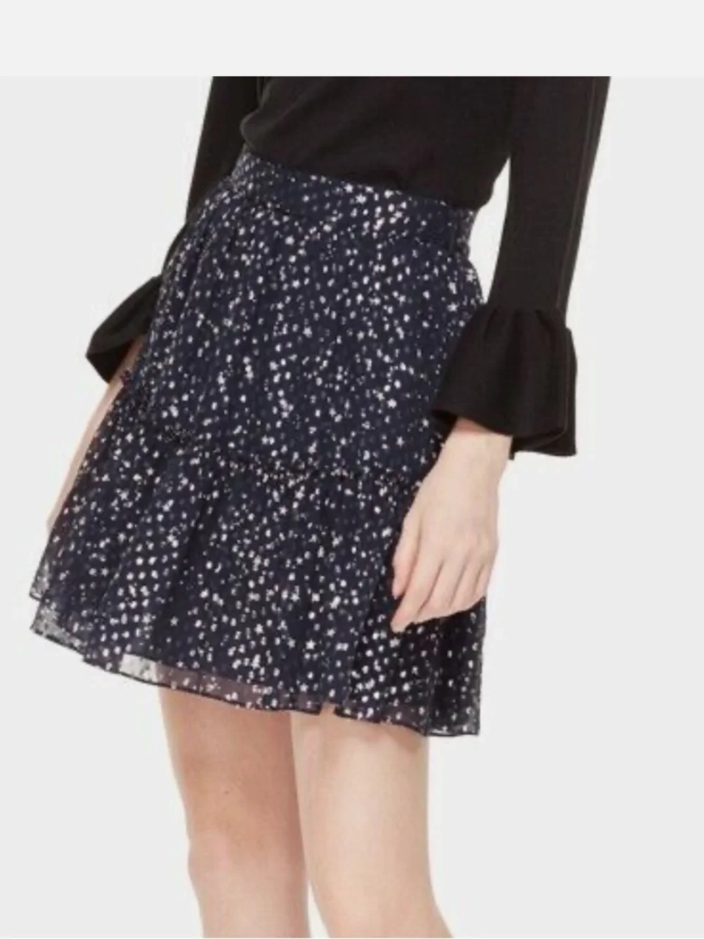 Kate Spade Wmn Night Sky Lurex Dot Stars Navy Silver Ruffle Silk Skirt Sz 0